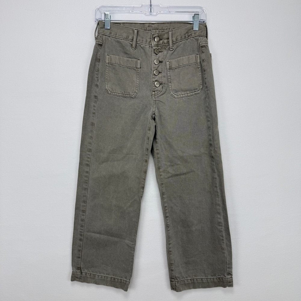 American Eagle High Waisted Crop Wide Leg Pants Women 2 Grey Utility Gorpcore
